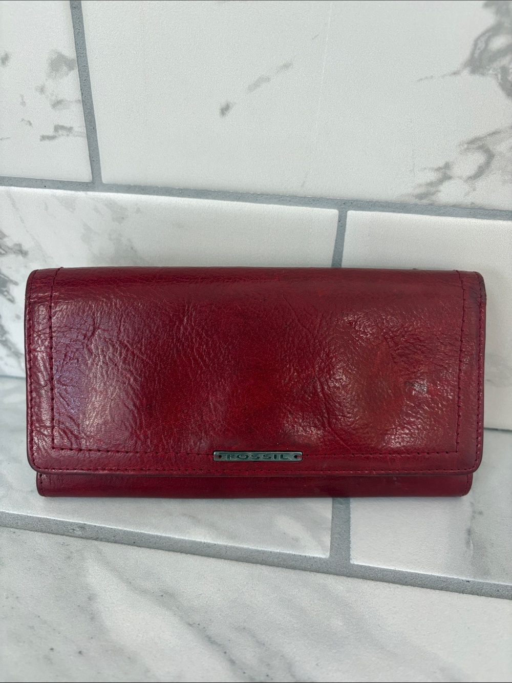 Fossil Deep Red Leather Tri-Fold Wallet with Checkbook Cover and Pen